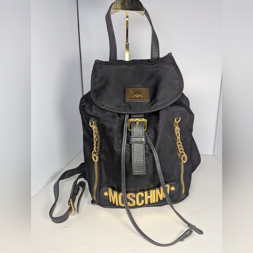 MOSCHINO Black Nylon Leather Trim Backpack Gold-tone Logo